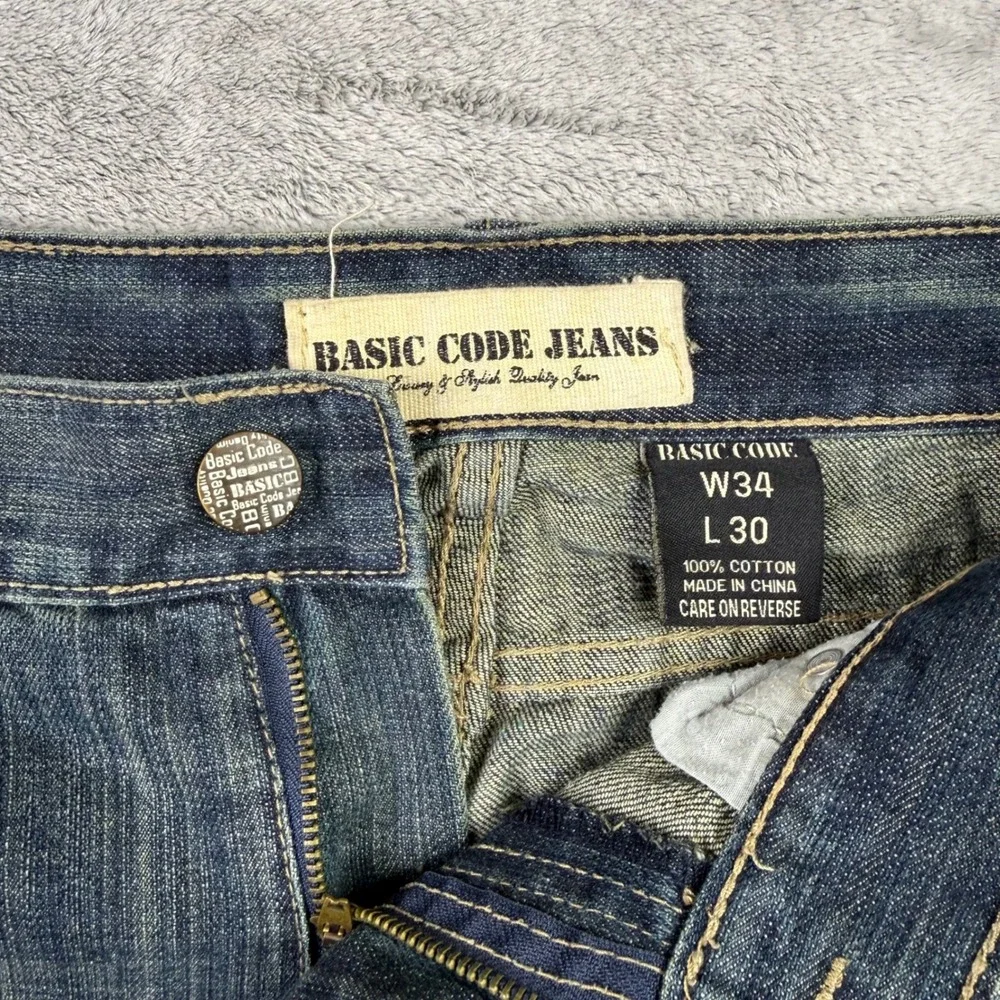 BASIC CODE JEANS Mens W34‎ L30 Blue Denim Straight Leg Distressed Style Jeans